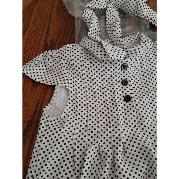 New Girl's 90 (2T) White Black Polka Dot Dress Tie Neck Short Sleeve - Picture 2 of 5